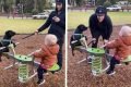na montagem temos duas fotos. nas duas existe uma gangorra com uma criança de um lado e um bebe de outro e um homem em pé no meio