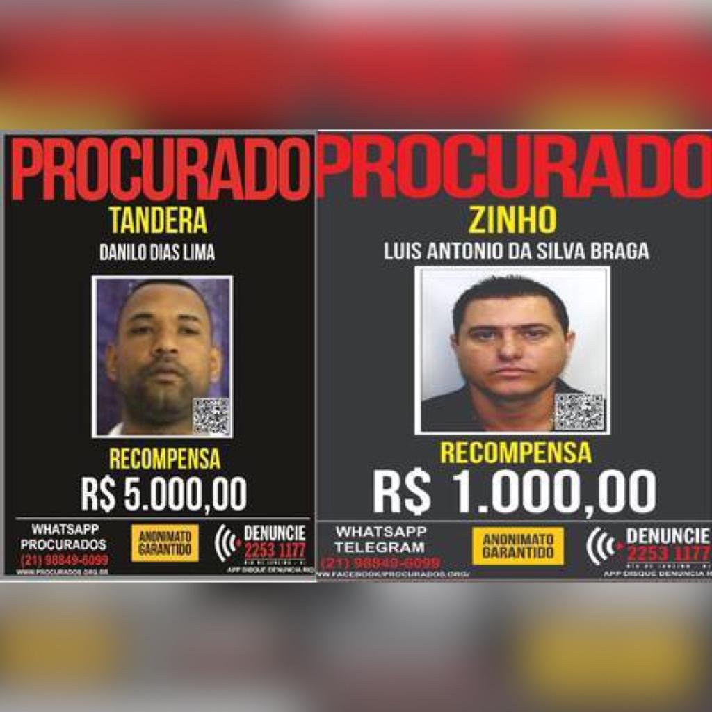 O Disque-Denúncia oferece recompensa para informações que levem à prisão de Tandera (esqueda) e Zinho