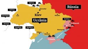 Mapa mostra tropas da Rússia (em vermelho) cercando a Ucrânia (em amarelo) - Metrópoles