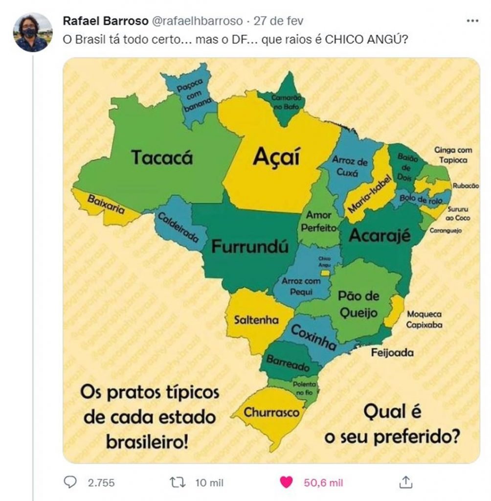 print de tuite com mapa do brasil com pratos tipicos escritos