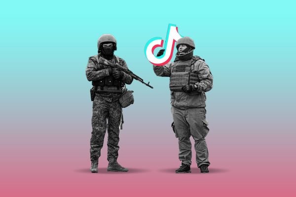 Na montagem, soldados ucranianos aparecem sob fundo colorido e um deles "segura" a logo do TikTok, rede social - Metrópoles