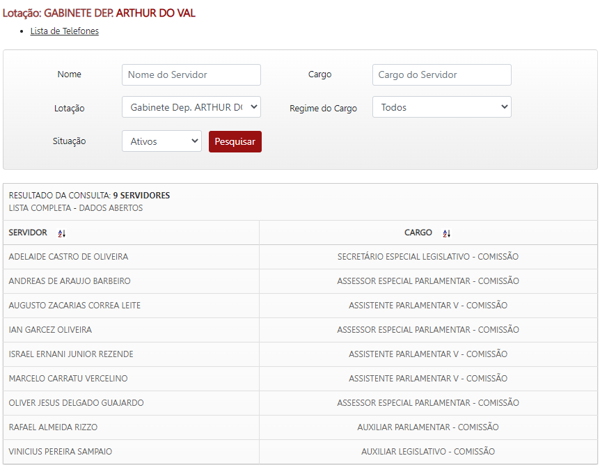 Captura de tela em portal de transparência da Alesp