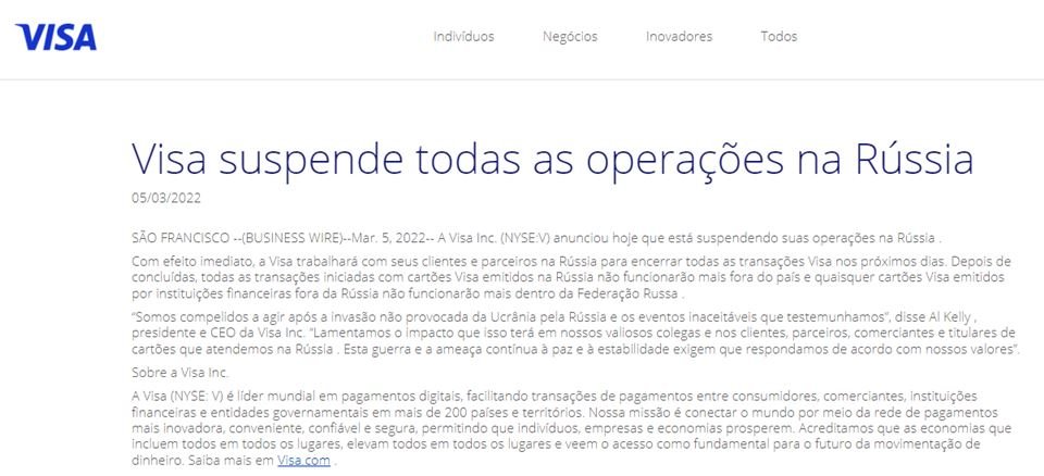 Comunicado Visa suspensão da Rússia