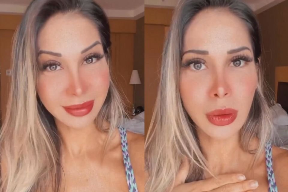 Montagem de duas fotos coloridas mostra Maíra Carid, esposa de Arthur aguiar, falando para seus seguidores em seus stories