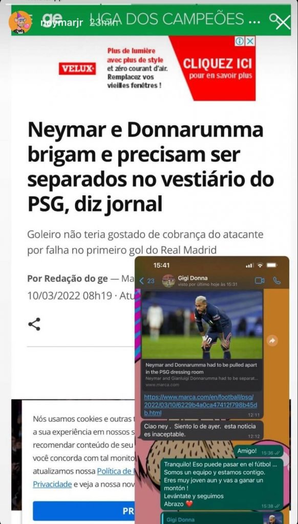 Neymar Jr. utilizou como redes sociais para desmentir briga em vestiário com goleiro Donnarumma - Metrópoles