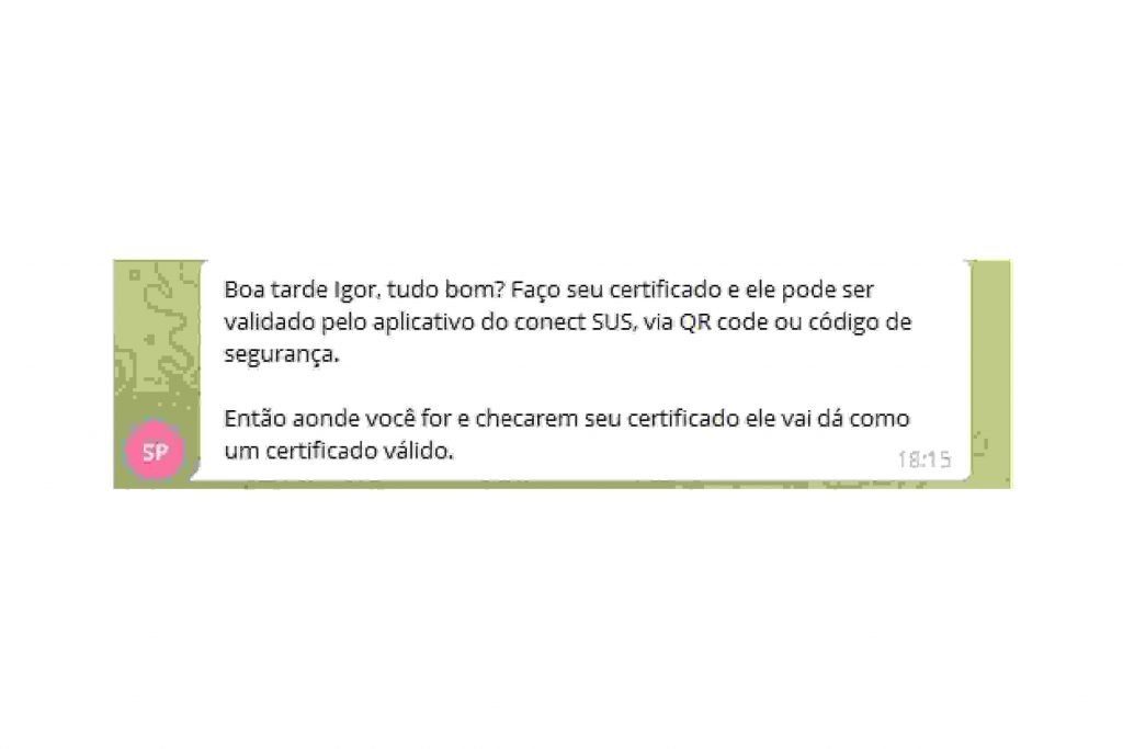 Vendedor promete que certificado de vacinação conseguirá ser validade em aplicativo do Ministério da Saúde.