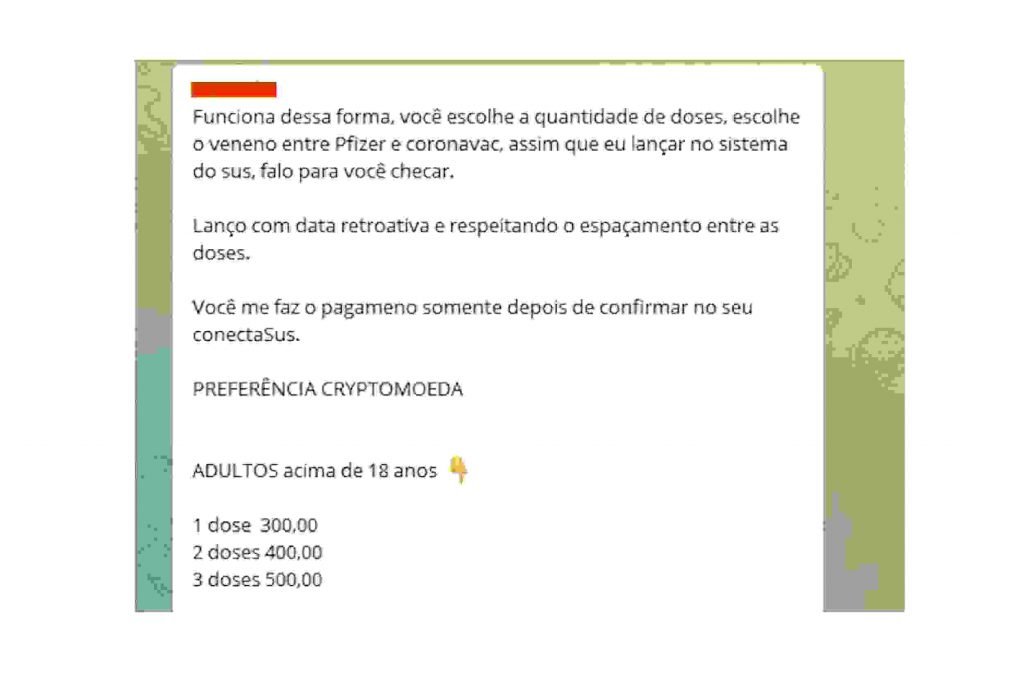No mercado paralelo, uma dose de vacinação inclusa no sistema, pode custar R$ 500.