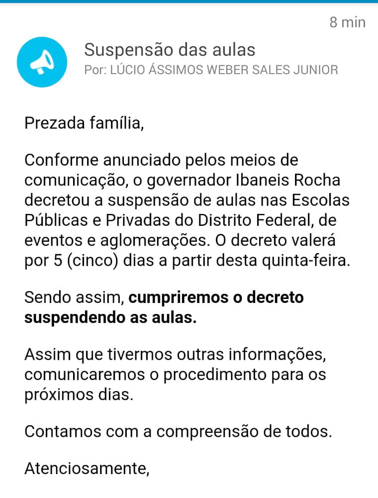 Comunicado escolas do DF suspensão aulas