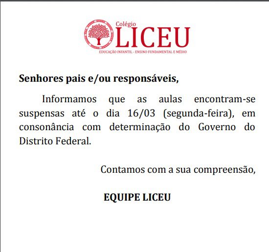 Comunicado escolas do DF suspensão aulas