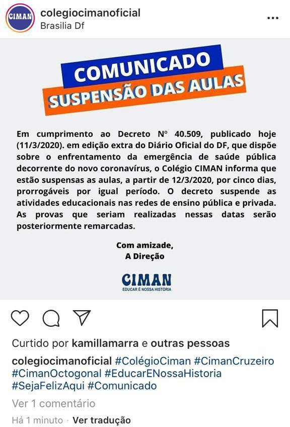 Comunicado escolas do DF suspensão aulas