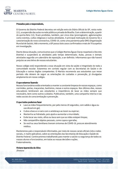 Comunicado escolas do DF suspensão aulas