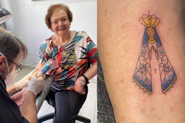 senhora de 91 anos faz primeira tatuagem para pagar promessa em goiânia, goiás