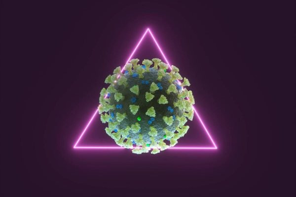Arte mostra um modelo do vírus da COVID-19 em sua variante Deltacron com um trianângulo rosa neon ao fundo - Metrópoles