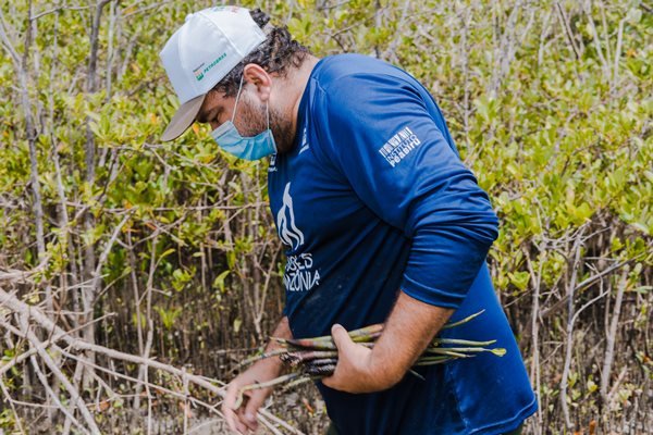 homem de boné branco e camisa azul leva plantas nas mãos