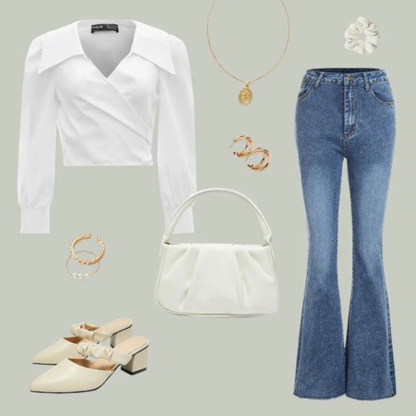 Arte com vários produtos da marca Shein. Na foto é possível ver uma blusa comprida branca, uma calça jeans, uma bolsa branca, um salto alto bege e brincos e colar dourados