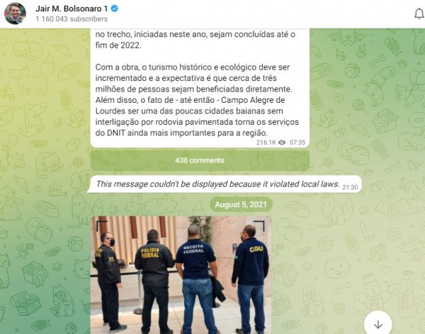 Telegram apaga link de Bolsonaro em cumprimento a decisão de Moraes