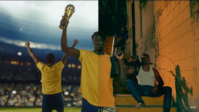 Em telas divididas ao meio, um homem negro segura de um lado a taça da Copa do Mundo, num estádio, vestido com a camisa da Seleção Brasileira de Futebol, e na outra um fuzil, numa favela, imitando um traficante- Metrópoles