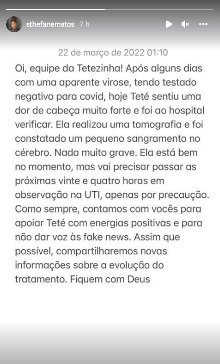 Sthe Matos é internada na UTI e equipe explica o motivo. Leia nota