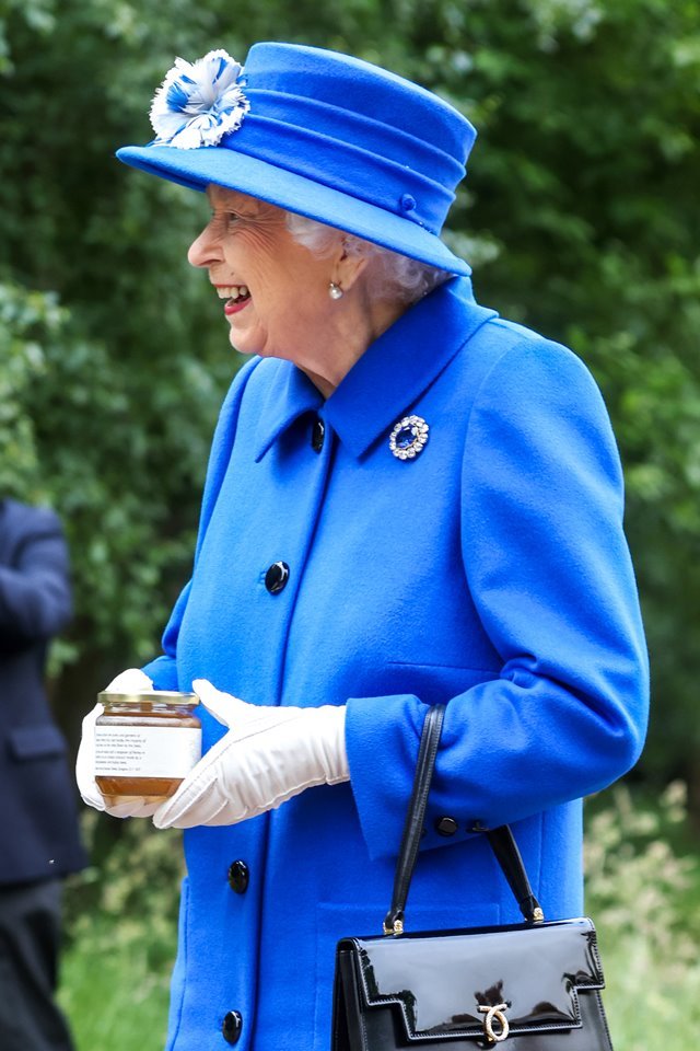 Foto colorida.  Rainha Elizabeth segura um pote.  Ela está com uma roupa azul