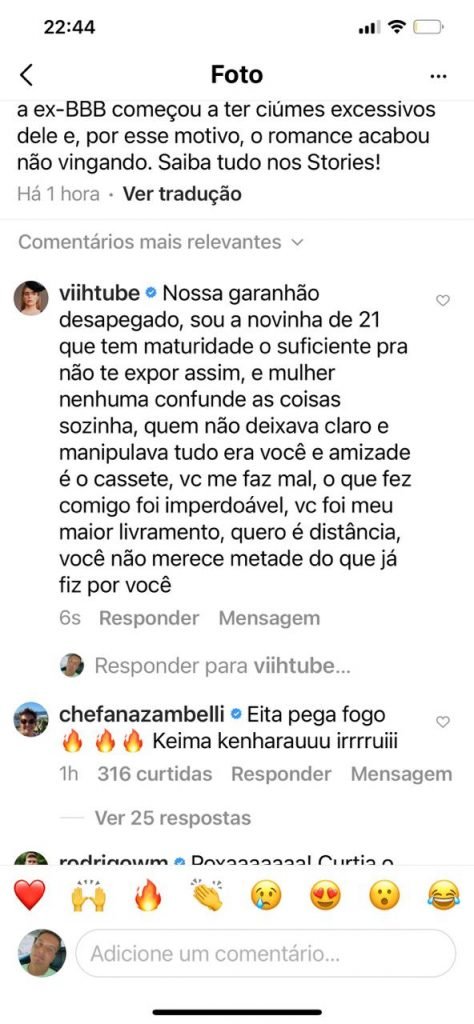 Em comentário no Instagram de Leo Dias, Viih Tube ataca Lipe Ribeiro