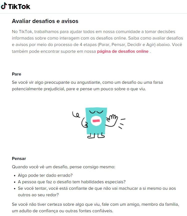 Print alerta TikTok sobre vídeos que colocam as pessoas em risco