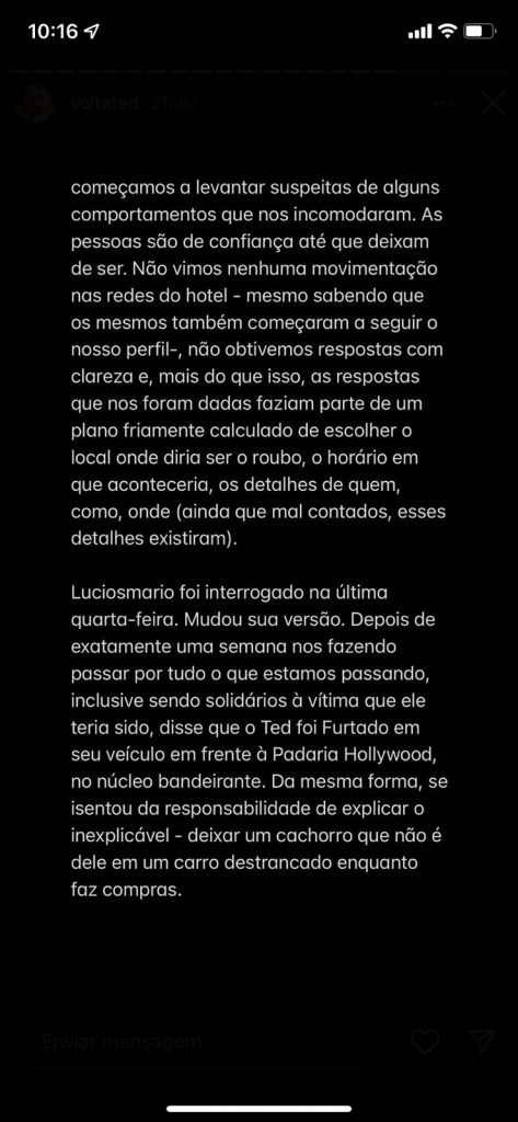 Texto postado por Clarissa, dona do cachorrinho desaparecido Ted, acusando donos do pet shop em que o cachorro estava antes de ser roubado de negligência - Metrópoles