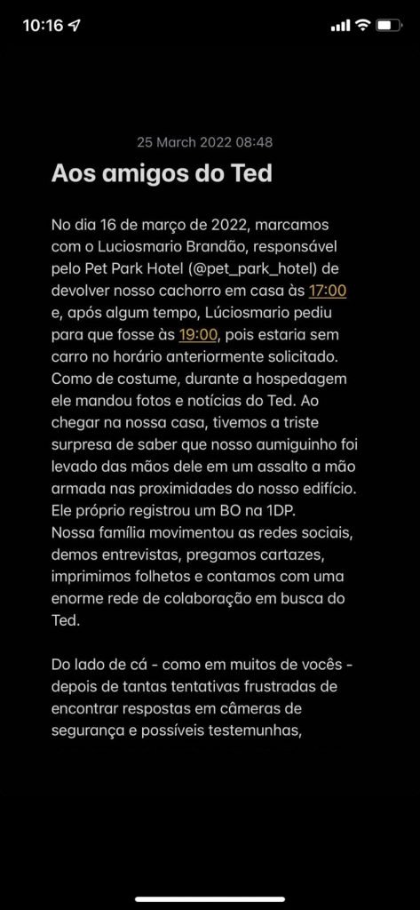 Texto postado por Clarissa, dona do cachorrinho desaparecido Ted, acusando dona do pet shop em que o cachorro estava antes de ser roubado de negligência - Metrópoles