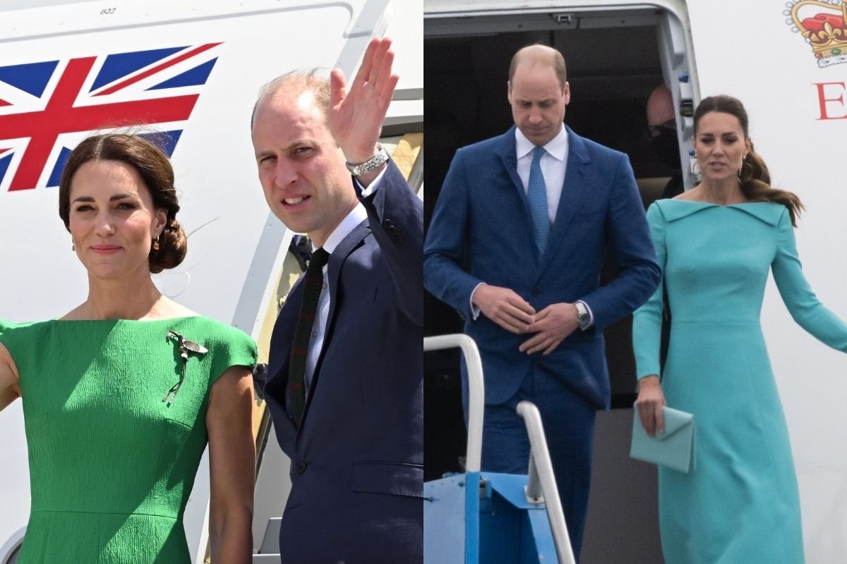 Foto colorida. Kate Middleton e príncipe William estão na escadaria de um avião