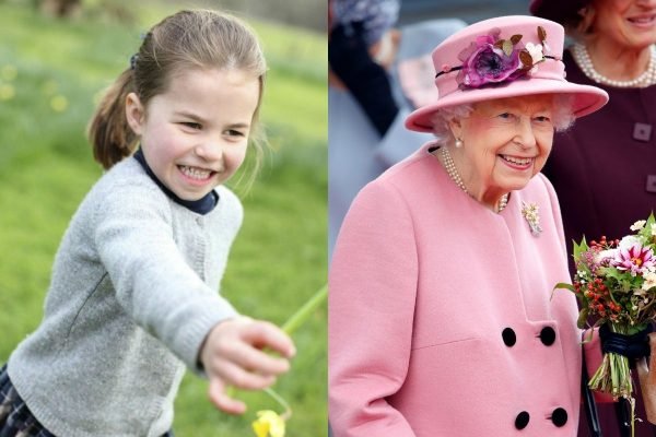 Foto colorida. Montagem de fotos da princesa Charlotte e de Kate Middleton