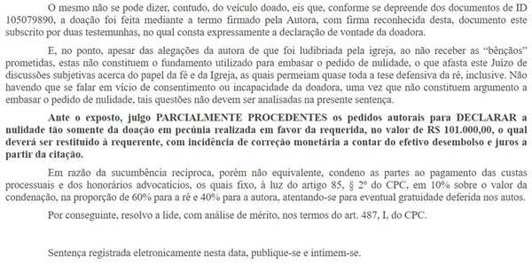 Trecho de decisão judicial que determina devolução para fiel de prêmio que ele ganhou na loteria e deu para a Igreja Universal - Metrópoles
