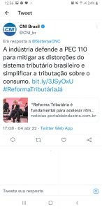 Postagem da CNI, a favor da reforma tributária