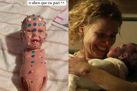 Bruna Linzmeyer mostra boneca usada em cena de parto em Pantanal