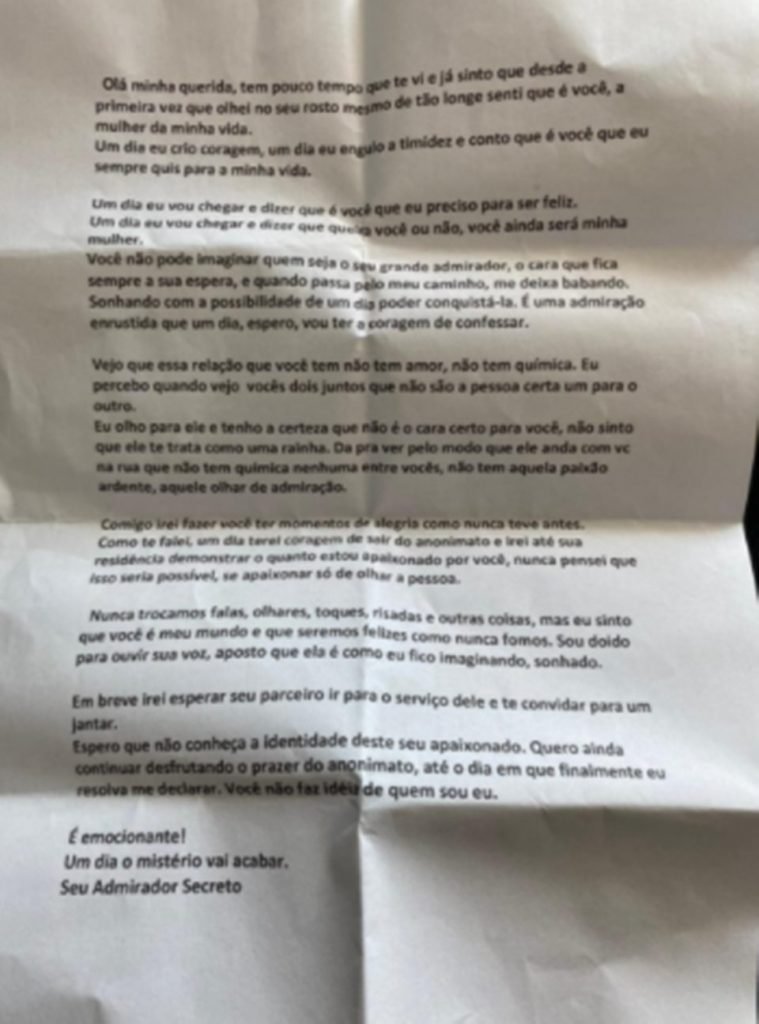 Carta em papel enviada de stalker para mulher de policial que ele observava no DF - Metrópoles
