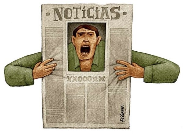 ilustração de ferna lopes mostra a figura de um homem na capa de um jornal segurando o próprio papel