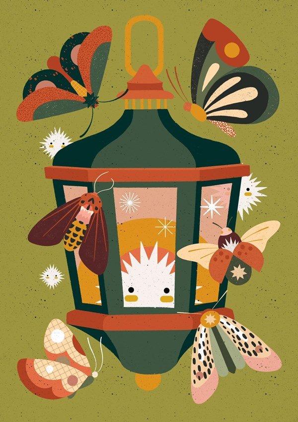 ilustração com insetos dentro de lâmpada colorida
