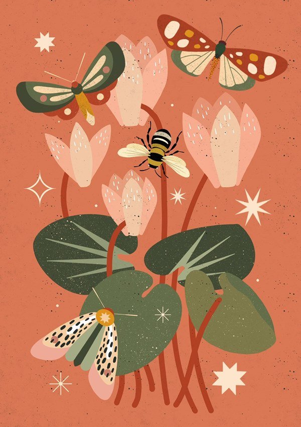 ilustração de insetos coloridos em volta de folhas verdes com fundo rosa
