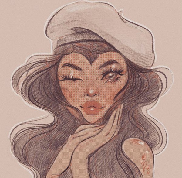 ilustração de mulher com boina e fundo rosa