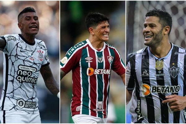 Paulinho, Germán Cano e Hulk, jogadores do Corinthians, Fluminense e Atlético-MG, respectivamente