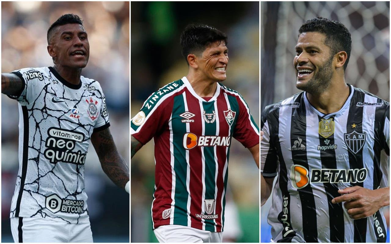 Paulinho, Germán Cano e Hulk, jogadores do Corinthians, Fluminense e Atlético-MG, respectivamente