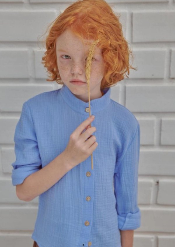 Menino branco com cabelo ruivo ondulado vestindo camisa azul de linho. Ele segura uma pequena planta na mão que parece ser uma folha de trigo