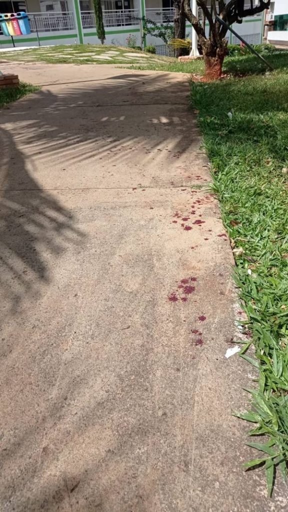Fotografia colorida de calçada com manchas de sangue