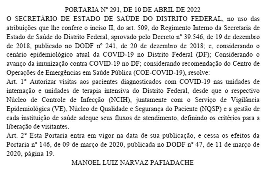 GDF libera visitas a pacientes com Covid