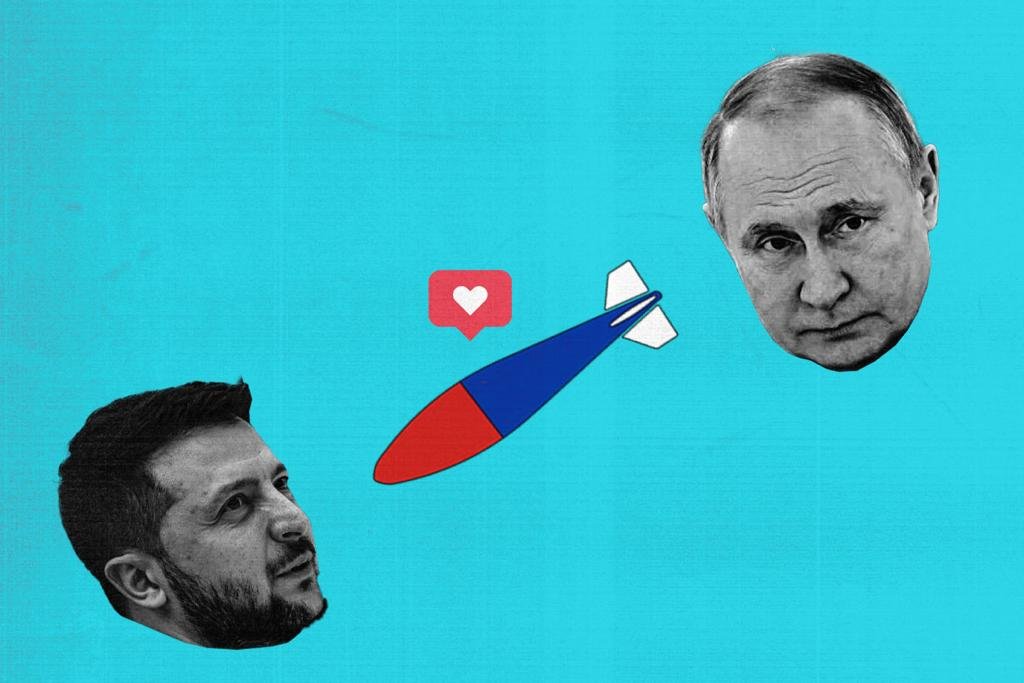 Arte com rostos do presidente da Ucrânia, Zelensky, e da Rússia, Putin, com míssil entre eles e um coração de like do Instagram sob o artefato - Metrópoles