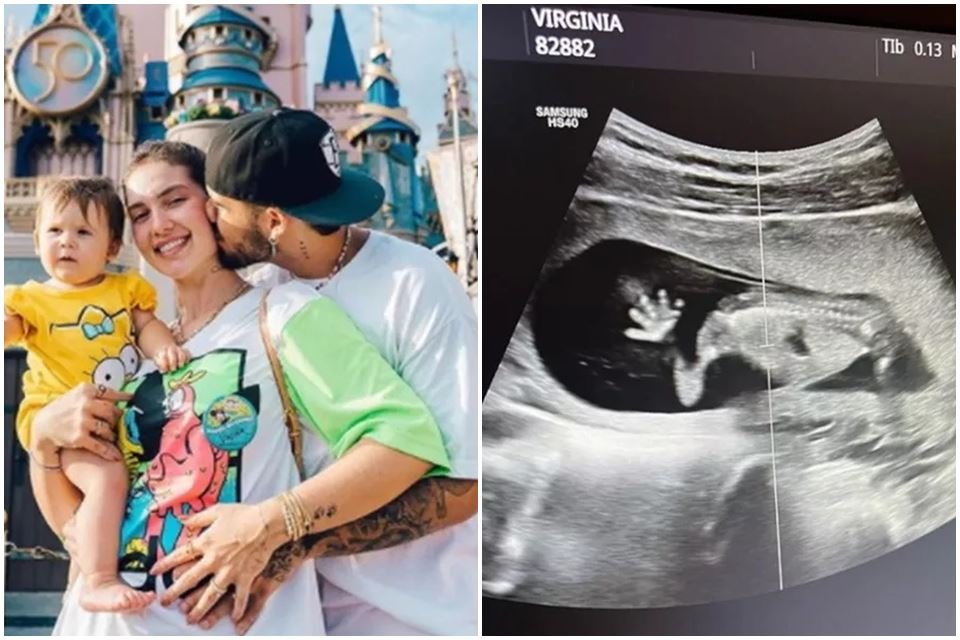 Virginia Ze Felipe bebê em foto na esquerda, na Disney, com sua filha pequena.  Na foto a direita, o ultrassom do bebê que espera 