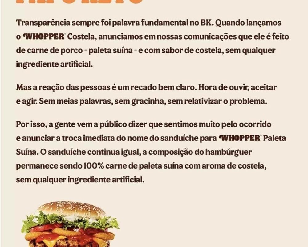 Burger King renomeia 'Whopper Costela' depois de acusação de