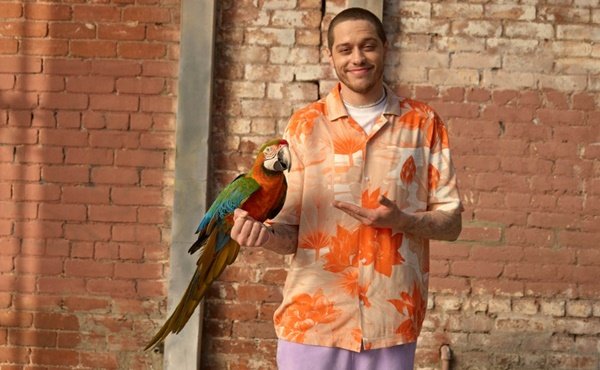 O comediante norte-americano Pete Davidson em campanha de divulgação da nova coleção masculina da marca H&M. Ele usa uma camisa colorida de botões, com manga curta, e estampa de folhas laranja; uma camiseta branca por baixo; corrente prateada e uma bermuda lilás. Segura, com uma das mãos, um arara.