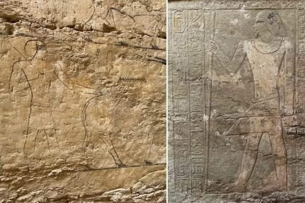 Fotos justapostas de hieroglifos e desenhos descobertos em túmulo de escrivão real do Egito Antigo, no Egito - Metrópoles