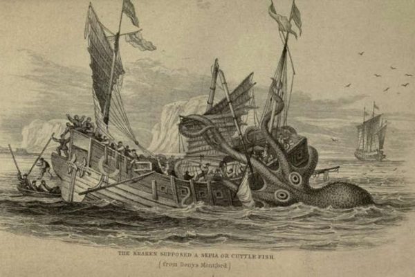 Cena desenhada por W. H. Lizars de um navio sendo enlaçado e danificado por um - Metrópoles