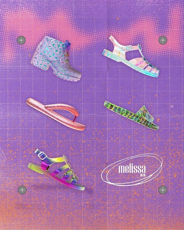 Artwork with a bright purple background and five models of Melissa shoes, also colorful.  The ad piece reveals shoes that came to be NFTs and are available for purchase in metaverse.