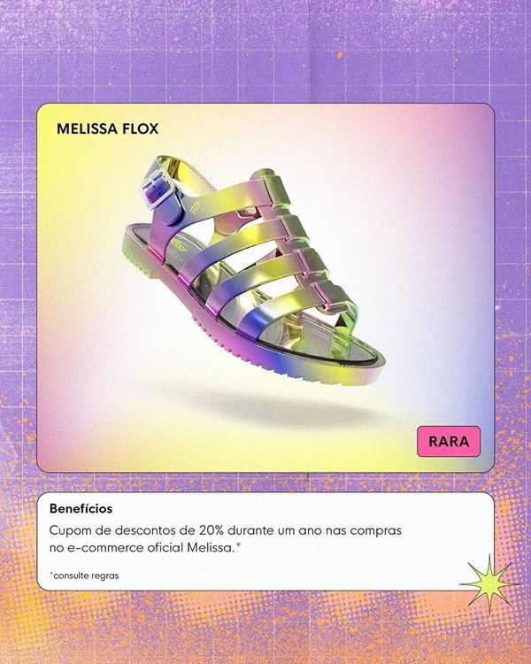 Poster de divulgação dos calçados da Melissa que foram transformados em NFT. Acima, modelo Flox, na cor cinza furtacor e com partículas de glitter, e um texto que explica o benefício que o cliente receberá ao adquirir o criptoativo.